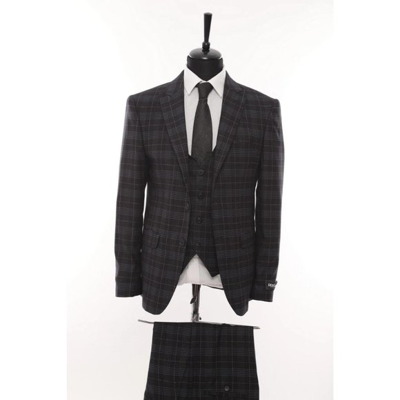 Derman Double Breasted Black Square Patterned Fabric 3 Piece Suit - Picture 1 of 6